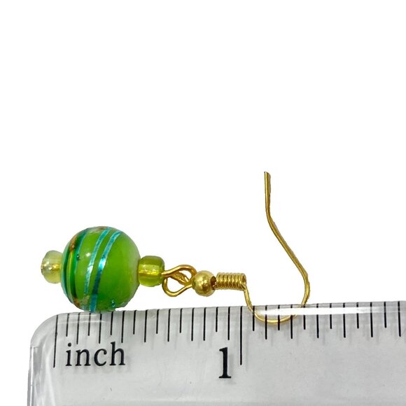 Murano Style Art Glass Bead Earrings Lime Green Blue Gold Plated Christmas Ball - Picture 7 of 7